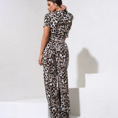 Slim Fit Crop Top Trousers Home Wear Leopard Print Pajamas Women Two Piece Set Can Be Worn outside