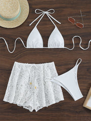 Mesh Semi Transparent Halter Tied Rope Gathered Deep V Plunge Sexy Backless Bikini Three Piece Set Swimsuit