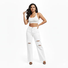 Denim Trousers for Women White Straight Cut Trendy Long Ripped Jeans