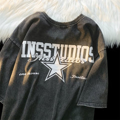 Retro Street Washed Distressed Short Sleeve Male Women Trendy Brand Loose round Neck Oversize Top T shirt