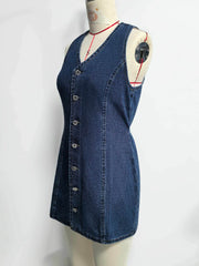Autumn Button Placket Lace up Back Waist Denim Dress Retro Dress Women