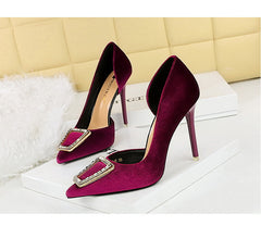 Cocktail High Heels Stiletto Heel Shallow Mouth Pointed Toe Metal Buckle Suede Side Empty Super High Heel Shoes - kinko Global Holdings inc