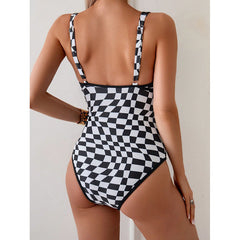 Swimsuit V neck Plaid One Piece Swimsuit Women Beach Spring Bikini