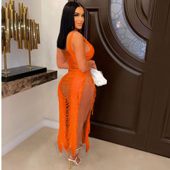 Spring Summer Women Dress Sexy Hollow Out Cutout Beach Cover Up Tassel Beach Dress