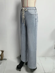 Autumn Drawstring Cross Strap Straight Jeans Retro Slimming Wide Leg Jeans Women