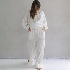 Autumn Pure Cotton Long Sleeve Top Long Pants Pajamas Women Loose Simple Outerwear Homewear Two Piece Set