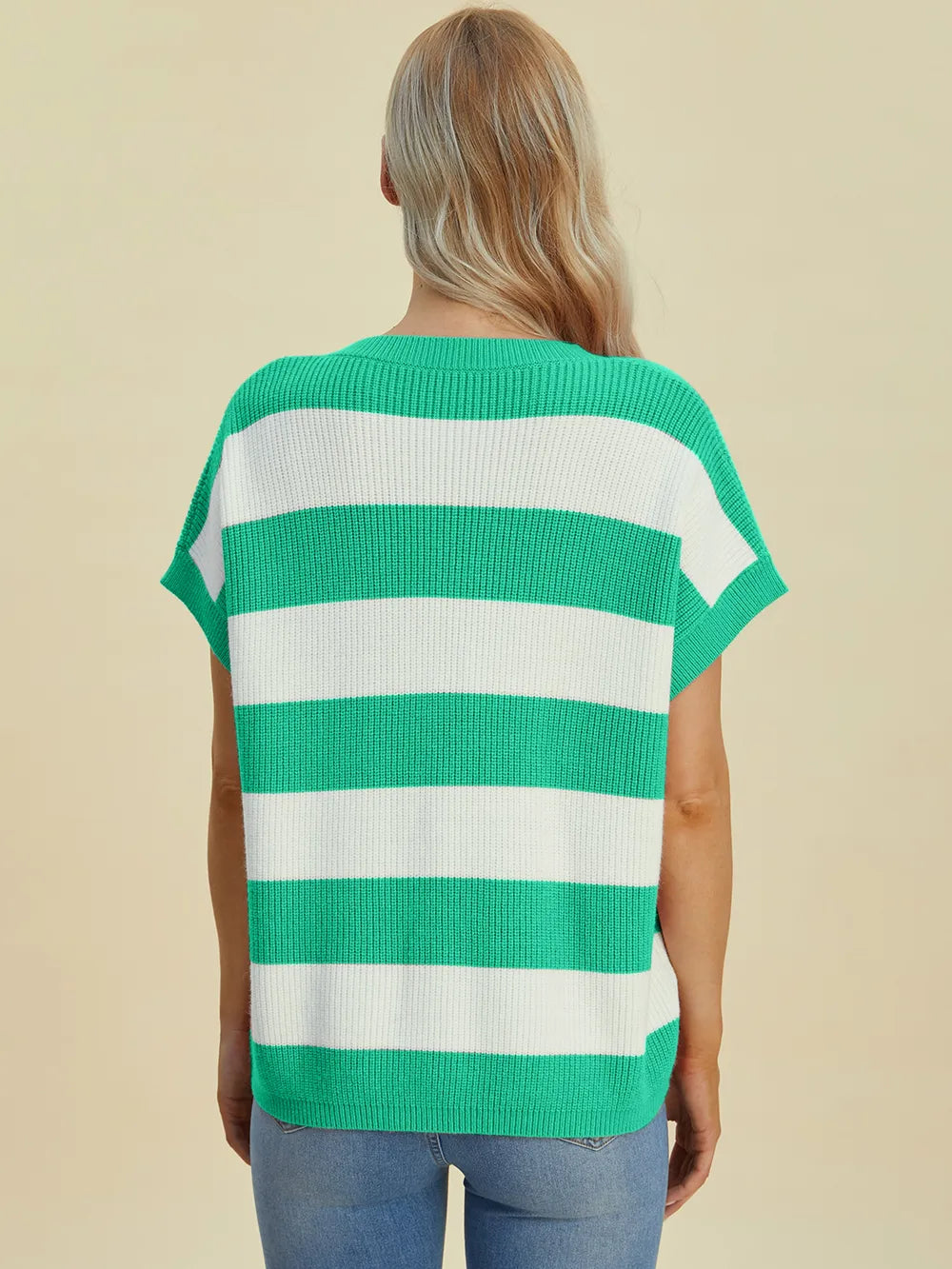 Double Take Full Size Striped V-Neck Short Sleeve Sweater - kinko