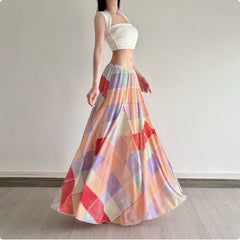 Colorful Flower Niche Artistic Colorblock Plaid Skirt - kinko
