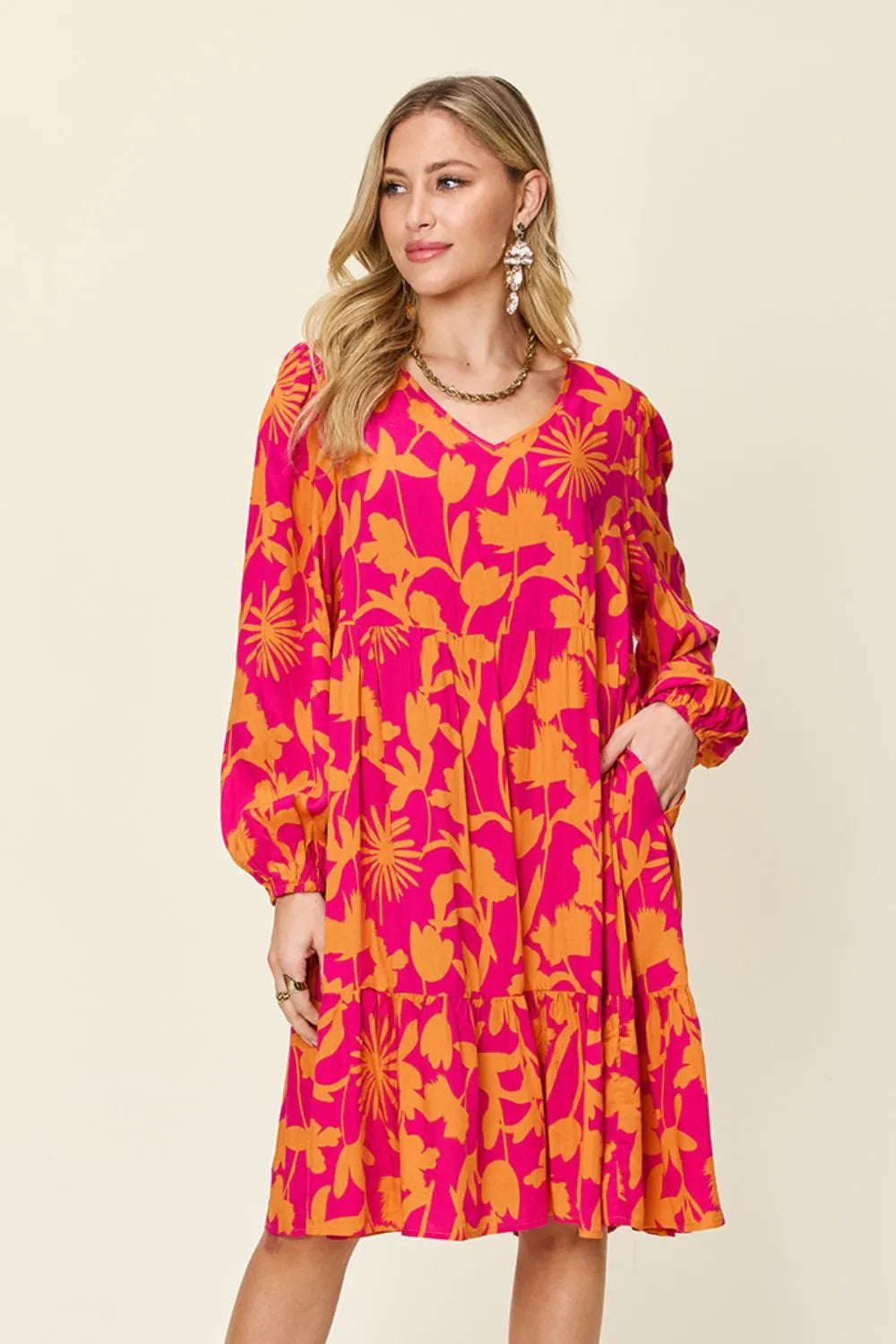Double Take Full Size Printed Ruffle Hem Dress with Pocket - kinko