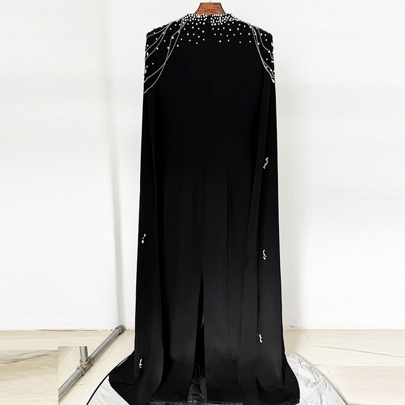 Beaded Lanyard Shawl Sleeve And Floor Long Dress - kinko