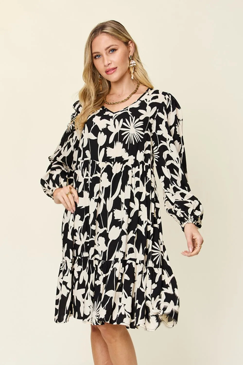 Double Take Full Size Printed Ruffle Hem Dress with Pocket - kinko