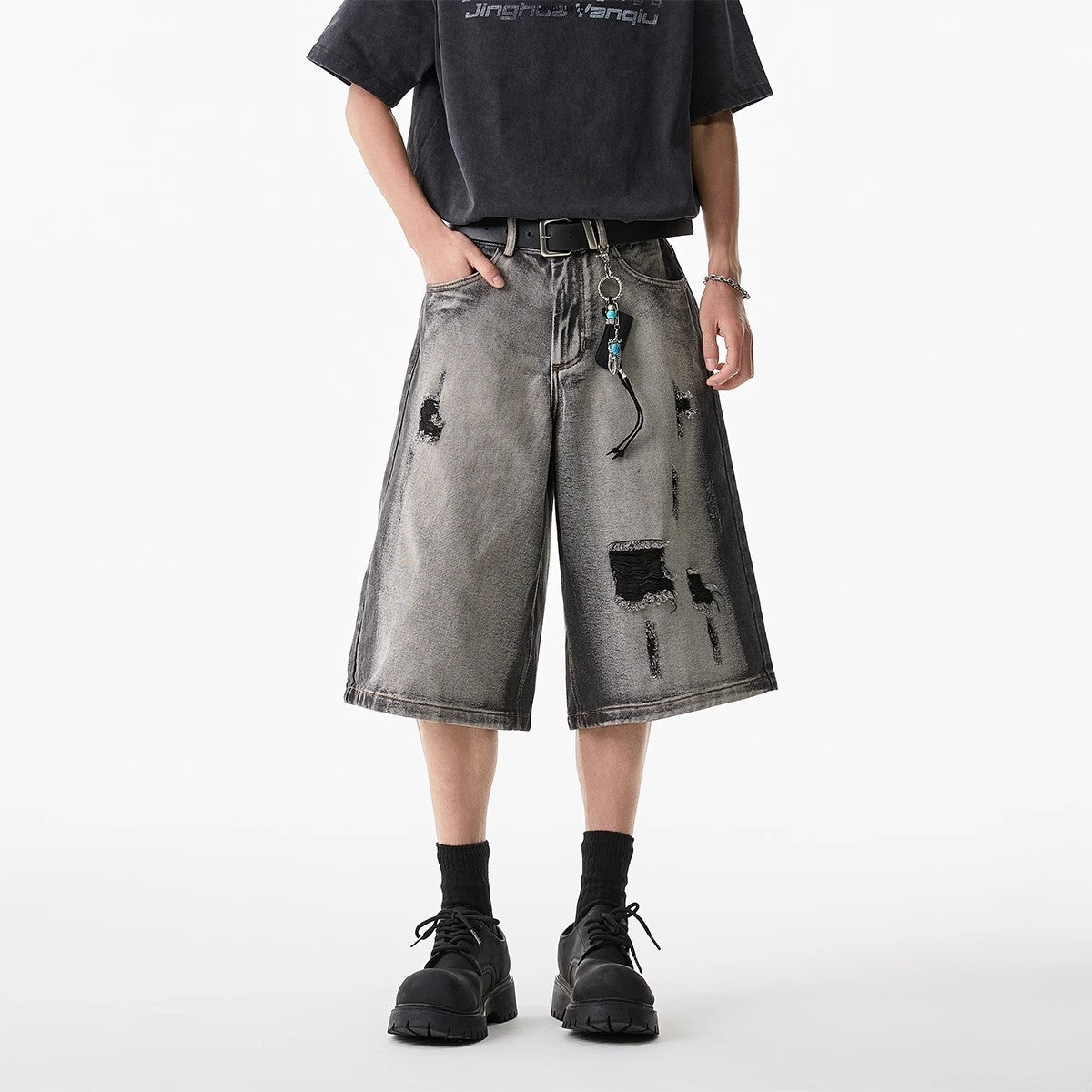 High Street Water Washed Hole Denim Shorts - kinko