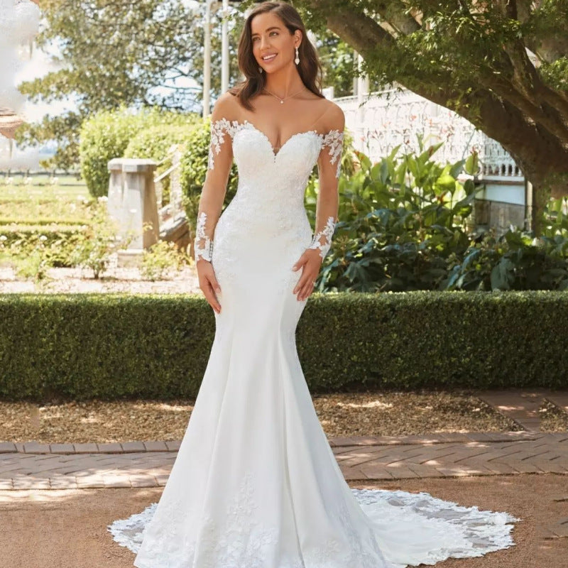 Long Sleeve Backless Lace Fishtail Wedding Dress - kinko