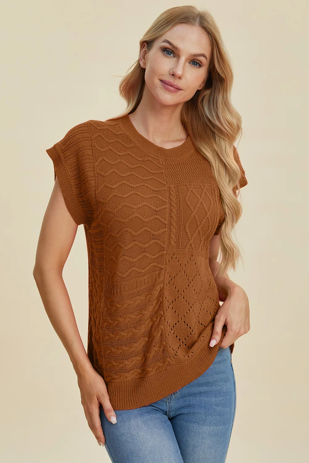 Double Take Full Size Cable-Knit Round Neck Cap Sleeve Sweater - kinko