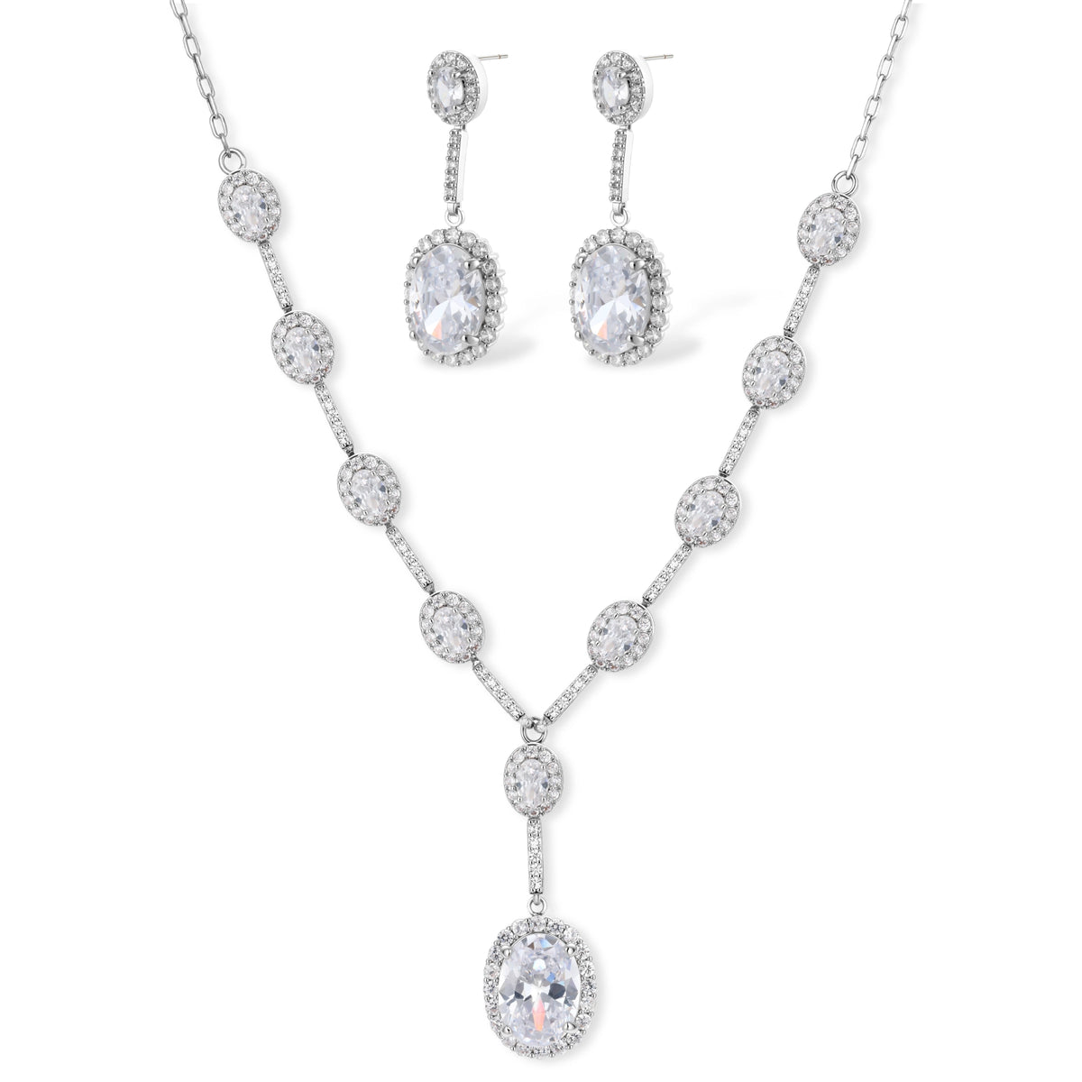 Elegant white gold plated jewelry set with oval cubic zirconia stones in halo settings, featuring Y-necklace and drop earrings.