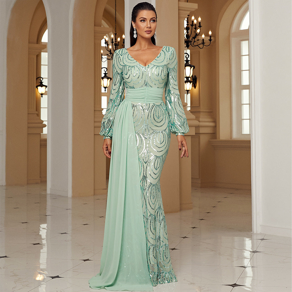 Long Sleeve Sexy Long Sequined V-neck Banquet Ribbon Evening Dress - kinko