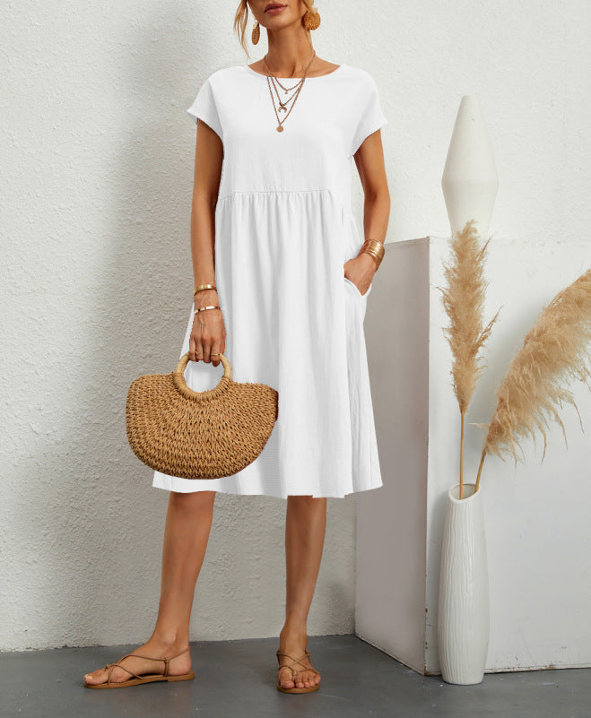 Summer Short-sleeved Dress With Pockets Fashion Solid Round Neck A-line Dresses For Women Clothing - kinko