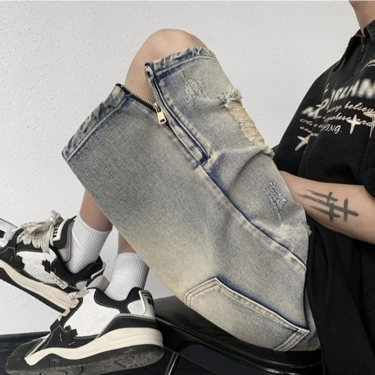 American High Street Retro Tattered Jeans Denim Shorts Wide Leg - kinko