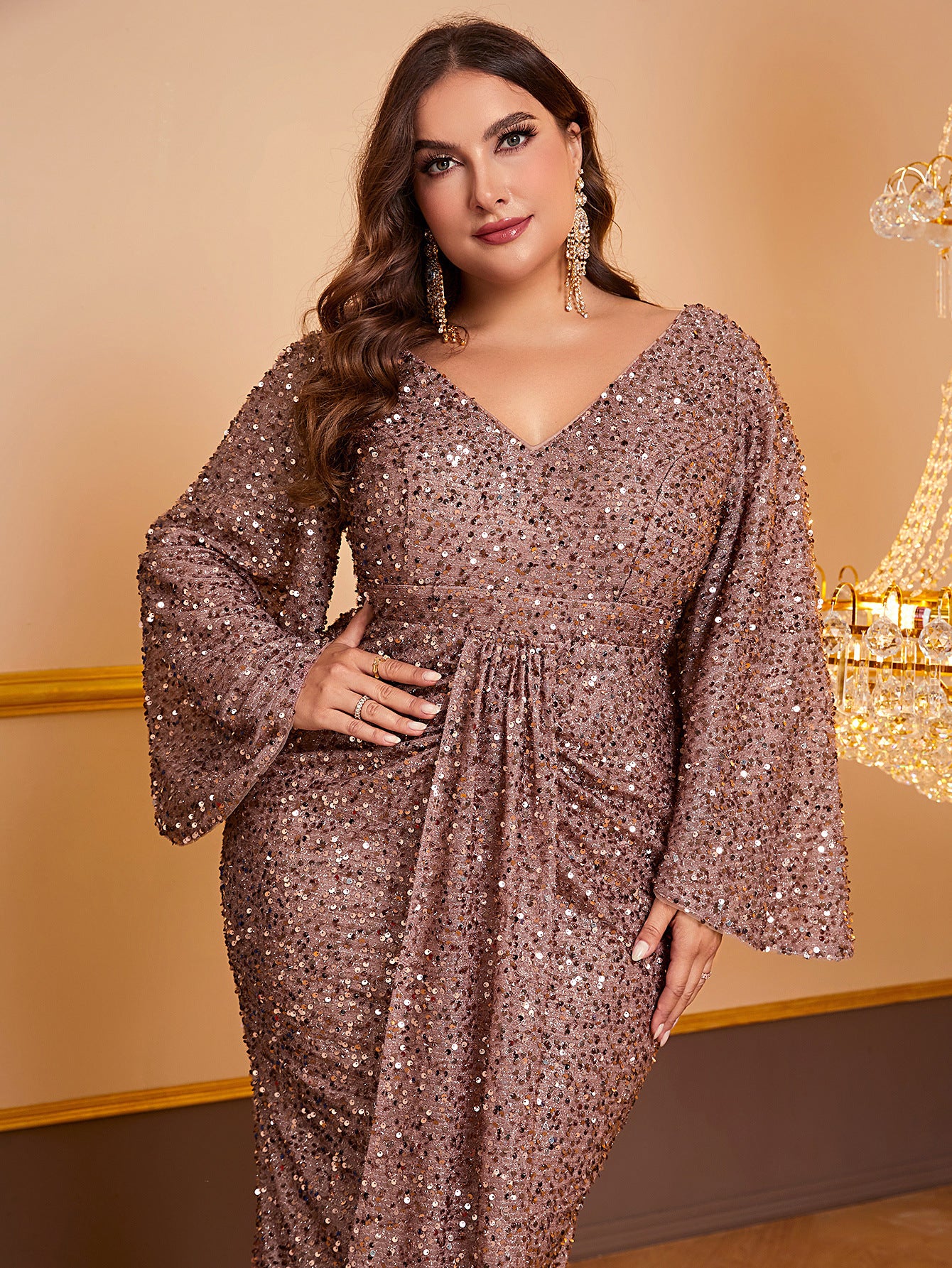 Women's Sequin Long Sleeved V-neck Pleated Dress - kinko