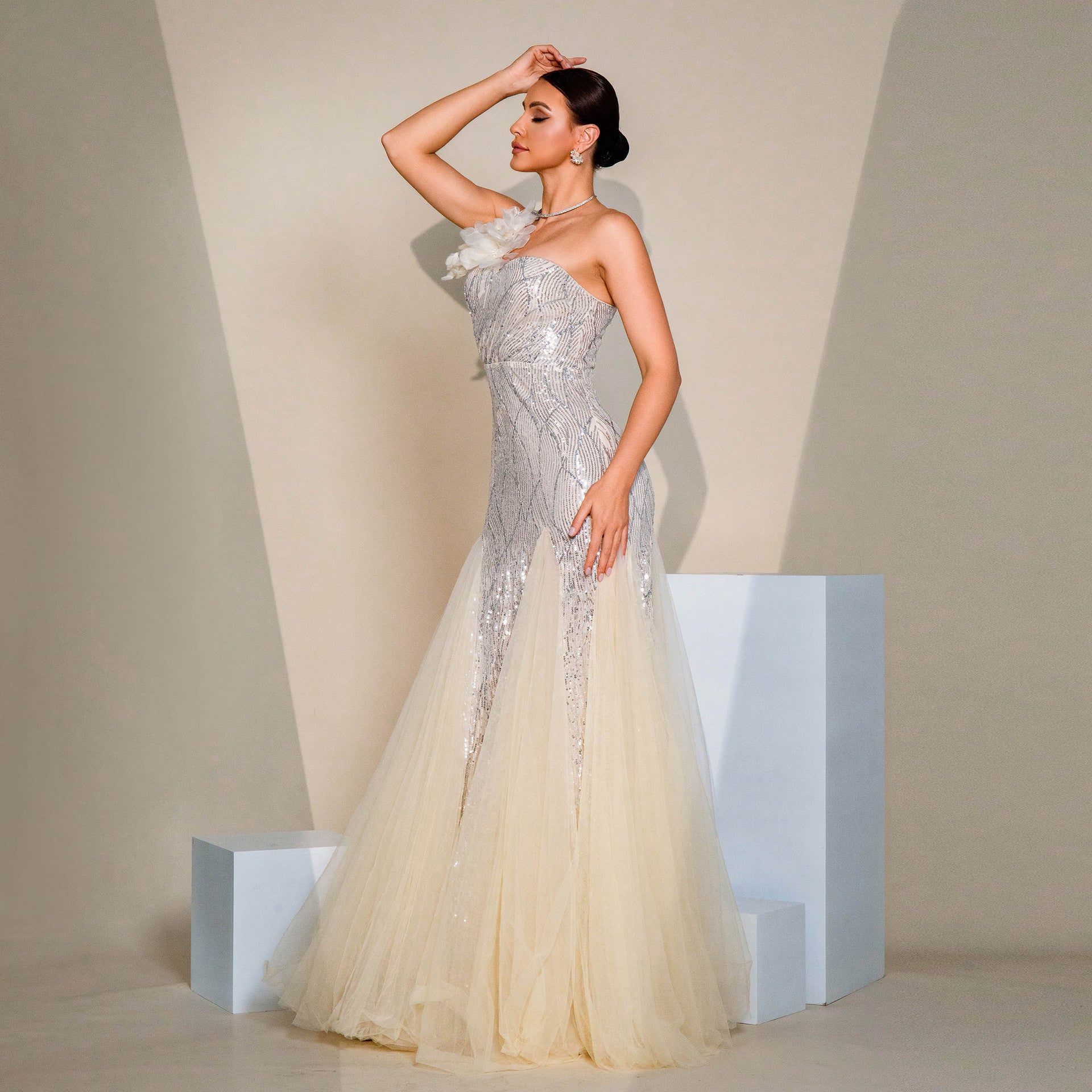 One-shoulder Diagonal Collar Slim-fit Sheath Sequined Slit Evening Dress - kinko
