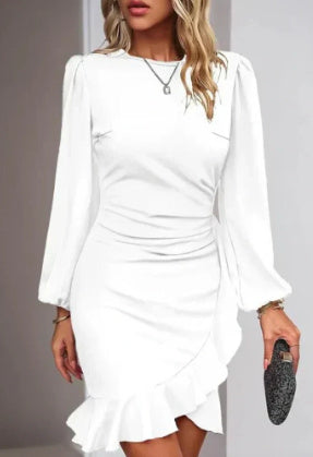 Women's Puff Long Sleeve Dresses Fashion Graceful Solid Color Slim Hip-covering Short Dress Womens Clothing - kinko
