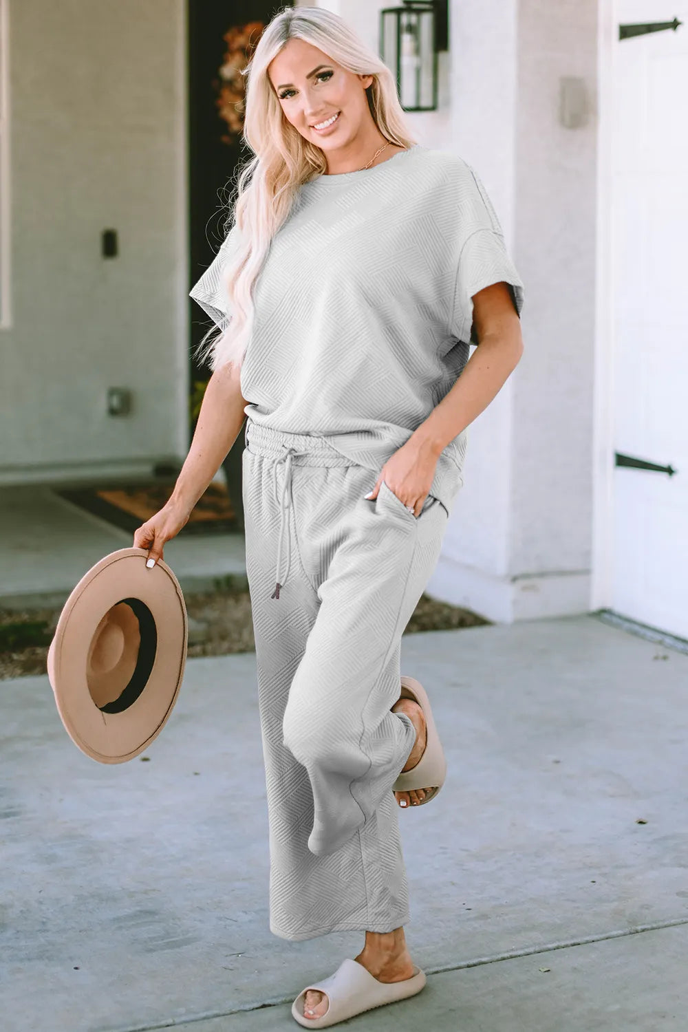 Double Take Full Size Texture Short Sleeve Top and Pants Set - kinko