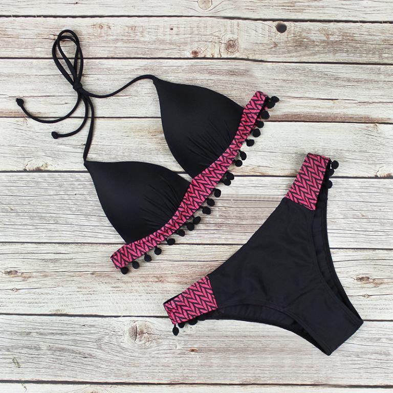 Sexy patchwork tassel swimwear Halter triangle bikini Low waist swimsuit women Black bathing suit Swimming Biquini - kinko Global Holdings inc