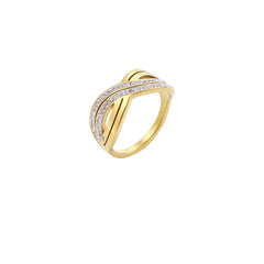 Gold-plated ring with interweaving wave bands and two rows of clear rhinestones creating an infinity pattern