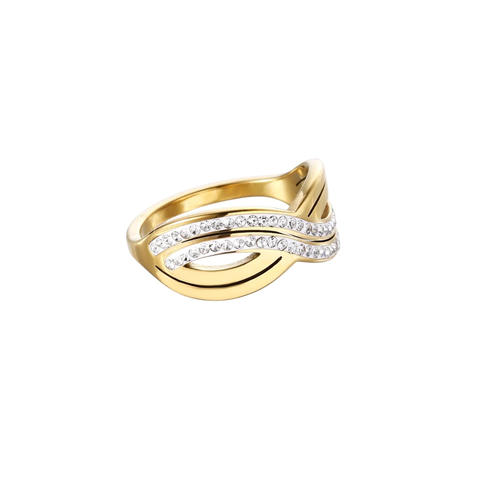 Gold-plated ring with interweaving wave bands and two rows of clear rhinestones creating an infinity pattern