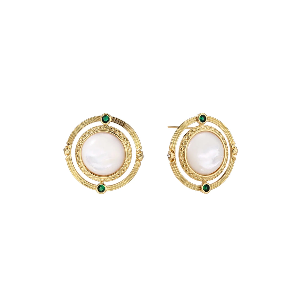 Circular gold stud earrings with iridescent mother-of-pearl center and green zirconia accents on cream background.