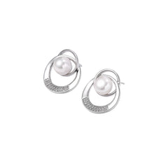 White gold-plated brass earrings with circular design, freshwater pearl center, and diamond accents