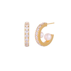 Gold pavé hoop earrings with two freshwater pearls nestled inside the curved design, featuring crystal-studded outer edge.