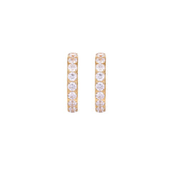 Gold pavé hoop earrings with two freshwater pearls nestled inside the curved design, featuring crystal-studded outer edge.