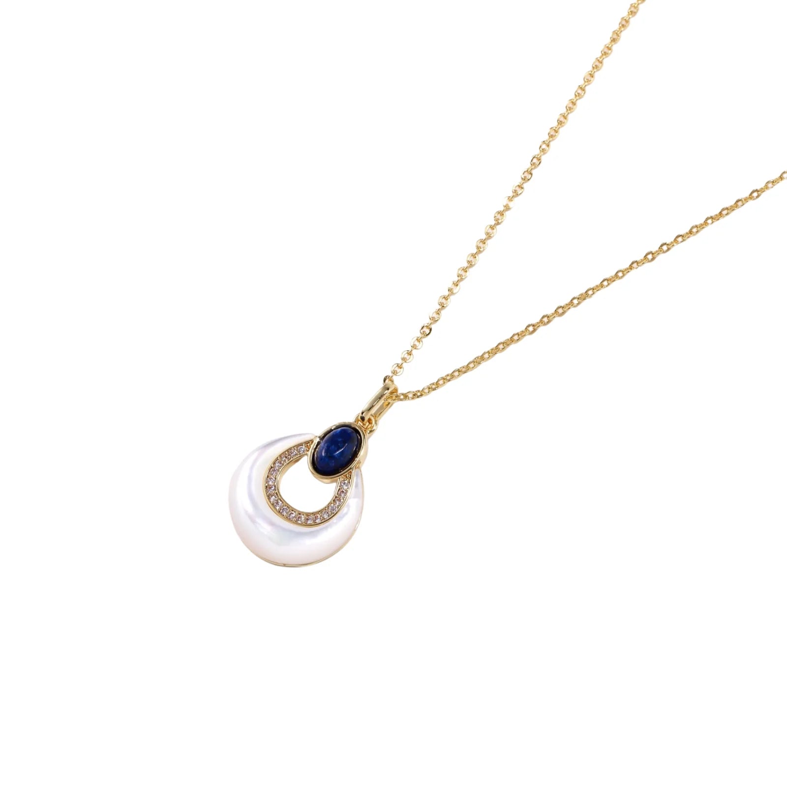 Gold necklace with navy lapis lazuli stone and iridescent mother-of-pearl teardrop pendant with crystal accents