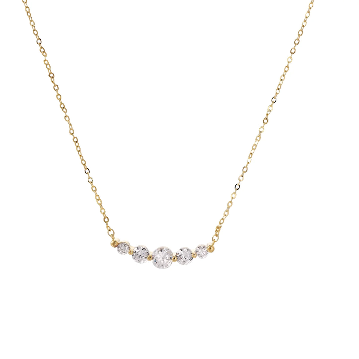 Delicate 14K gold-plated necklace with five graduated zirconia stones arranged in a curved arc on fine chain