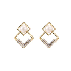 Gold-plated double square frame earrings with freshwater pearl and crystal accents on white background