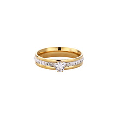 Gold-plated double-band ring with center rhinestone solitaire and channel-set stones on white background
