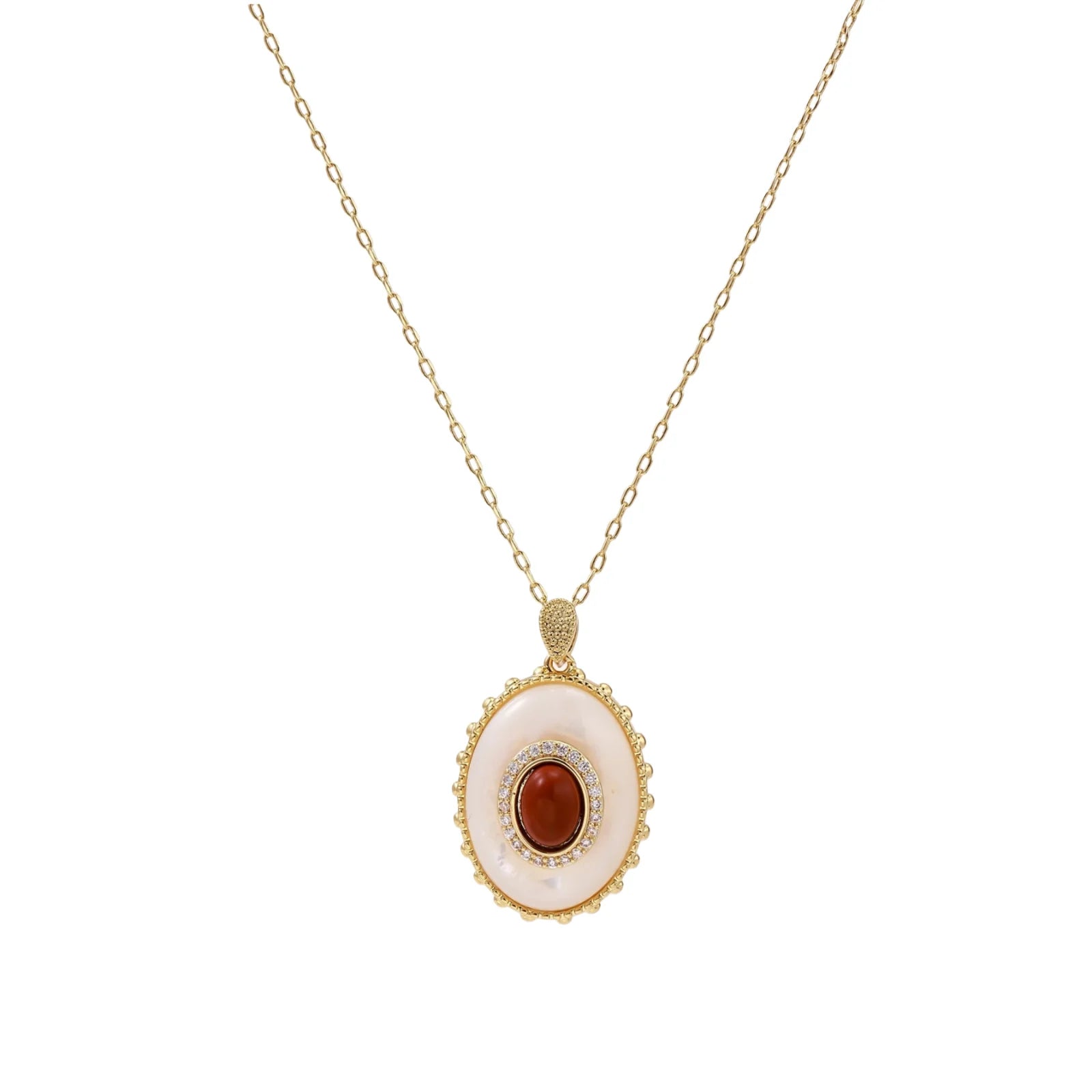 Gold pendant with oval mother-of-pearl frame, amber stone center, and crystal halo on delicate chain