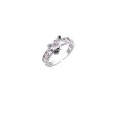 White gold plated adjustable ring featuring offset square cubic zirconia stones in an architectural stacked design