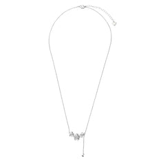 White gold plated Y-shaped necklace with three dimensional flower charms and adjustable drop pendant