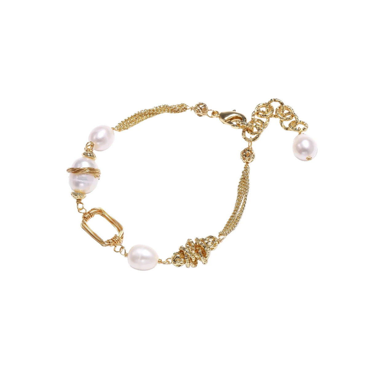 14K gold plated bracelet with freshwater pearls, filigree details, and mixed geometric elements on white background.