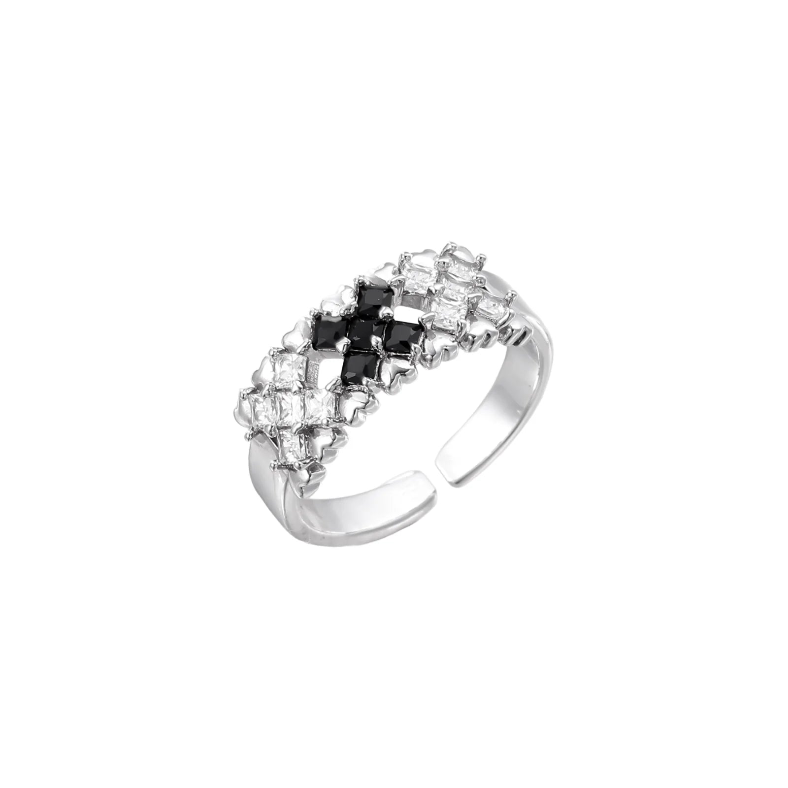 White gold plated adjustable ring with three rows of square zirconia stones in black or pink chevron pattern