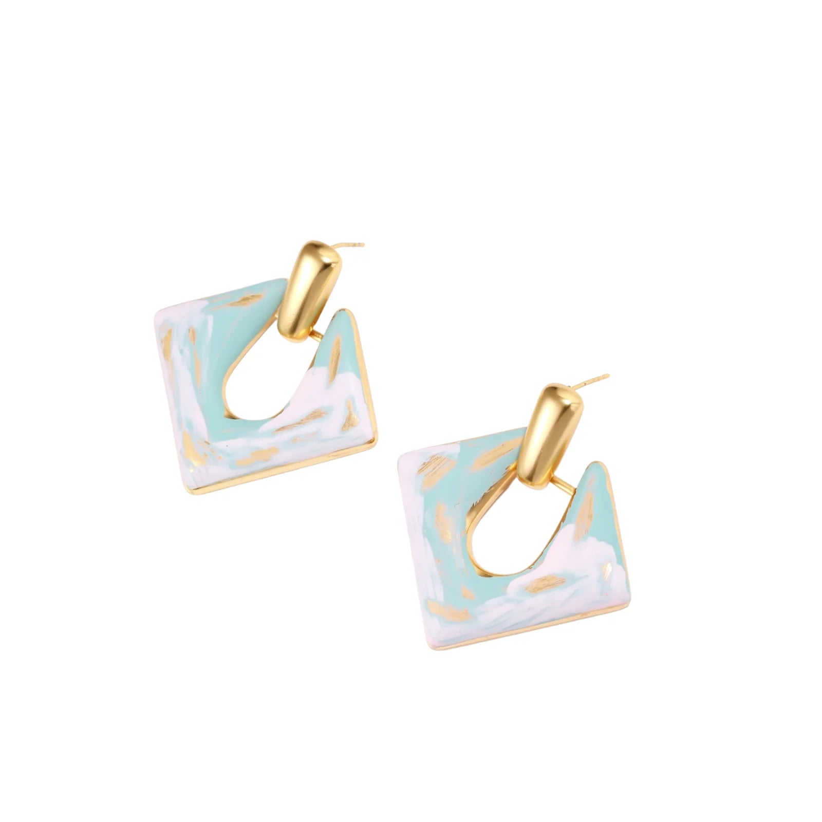 Geometric square enamel earrings with marbled turquoise and lavender pattern, gold U-shaped connector on cream background.