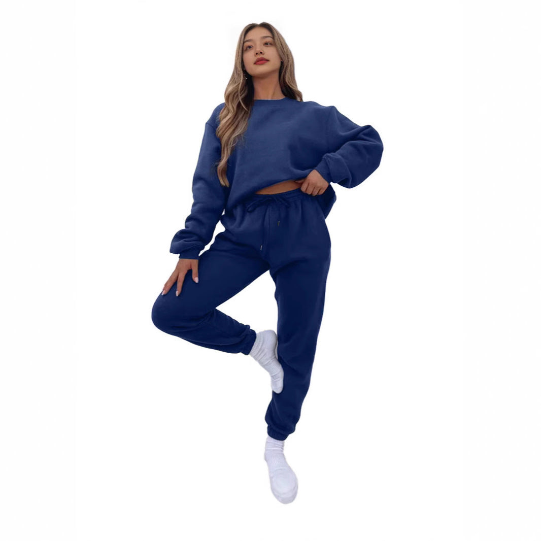 Crew Neck Pullover Sweatshirt Fleece-lined Fashion Casual Sweater Sweatpants Two-piece Set - kinko