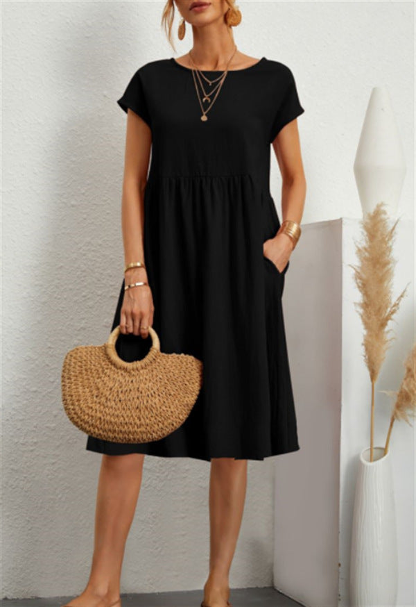 Summer Short-sleeved Dress With Pockets Fashion Solid Round Neck A-line Dresses For Women Clothing - kinko