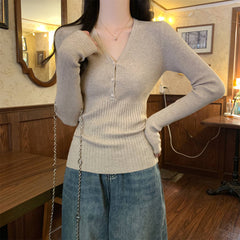 Waist-tight Slimming V-neckline Long-sleeved Women's Temperament Commute Pure Sweater - kinko