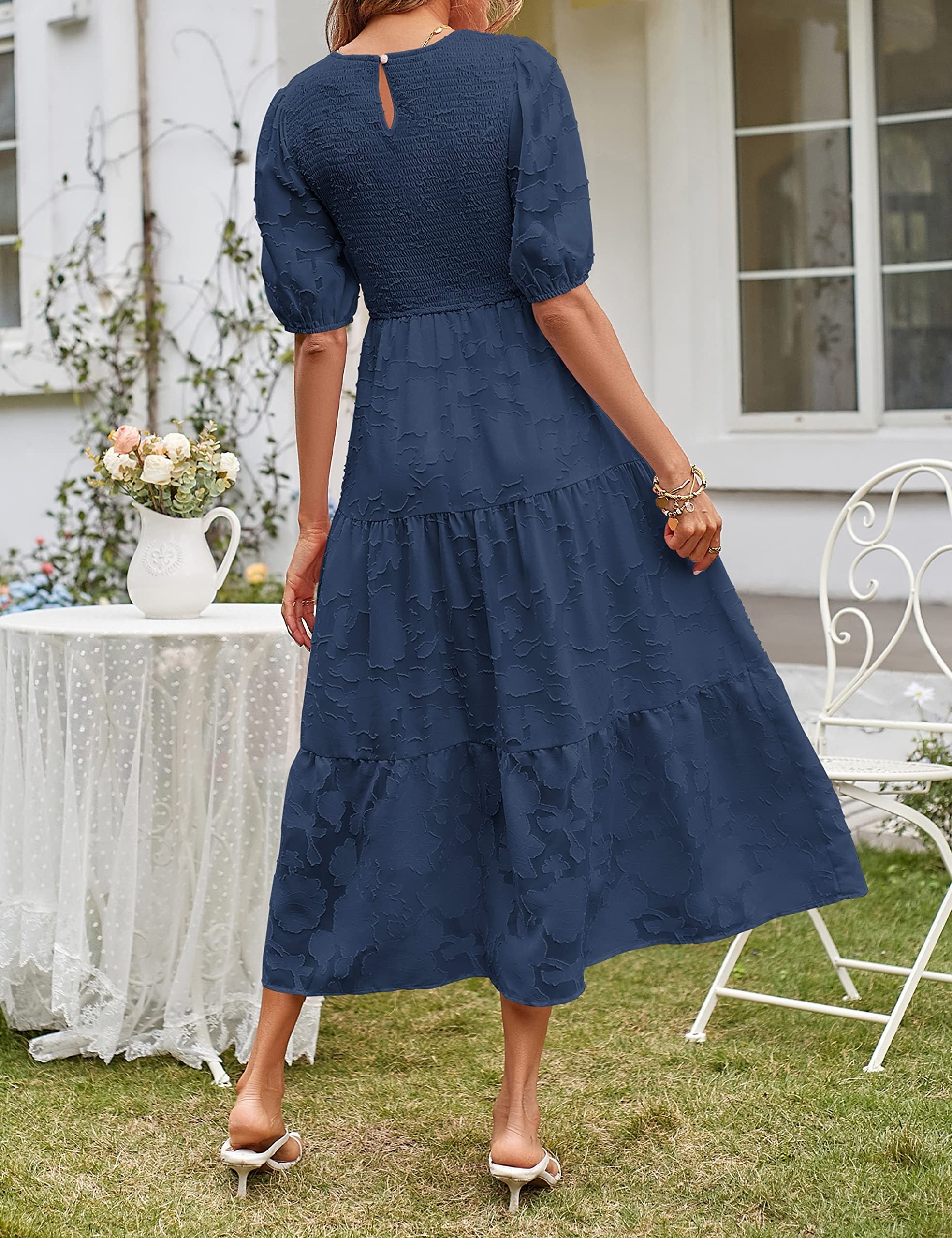 Women's Summer Casual Lace Dress Floral Ruffle Puff Short Sleeve High Waist Midi Beach Dresses - kinko