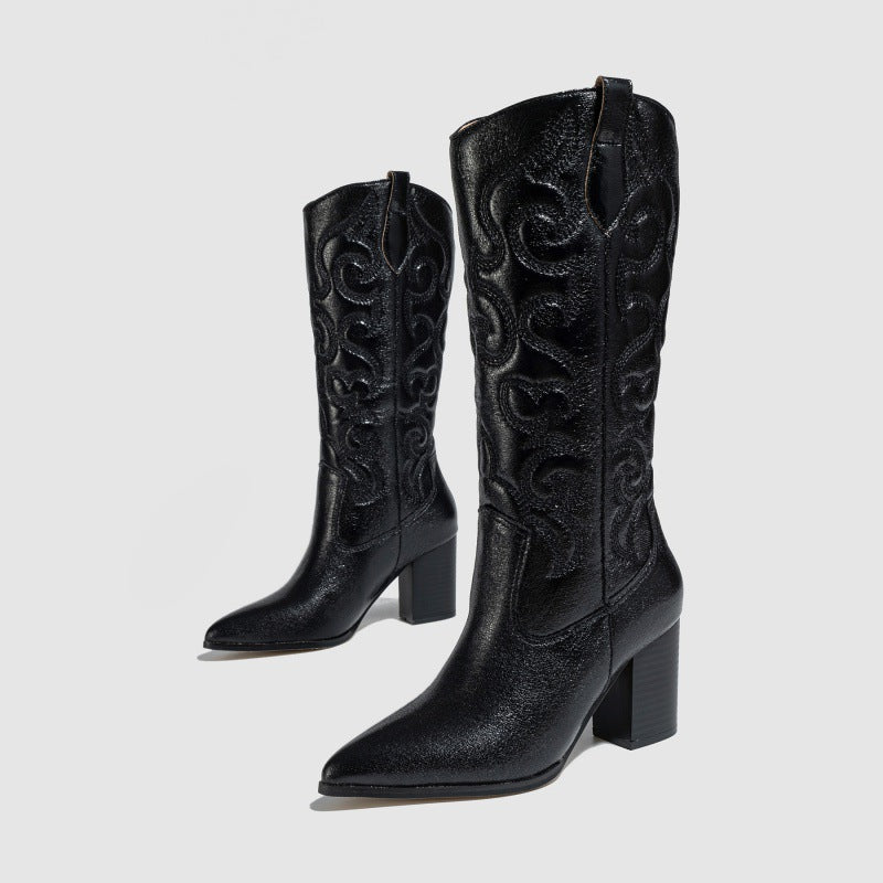Knee High Boots Thick Sponge Soft Embroidered Floral Personality Pointed Chunky Heel High Heel plus Size Boots Ethnic - kinko Global Holdings inc