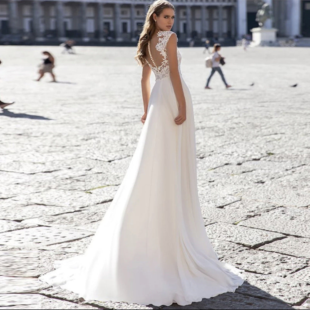A Series Chiffon Wedding Dress V-neck Long Sleeve - kinko