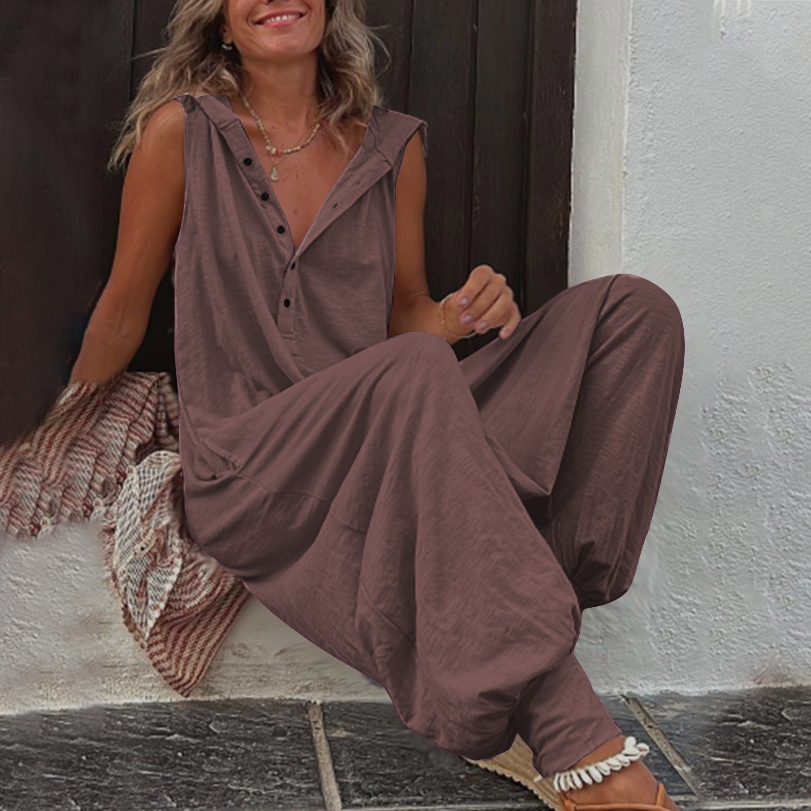 Hot Selling Button Up Hooded Sleeveless Pants In Stock, Jumpsuit With Pockets - kinko